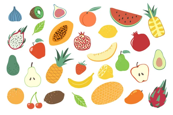Φρούτα. Ντοντλ μήλο, πορτοκάλι και αχλάδι, λεμόνι και καρπούζι, κεράσι και ανανά, ακτινίδιο. Μπανάνα, ροδάκινο και αβοκάντο vegan τροφίμων, ζουμερά φρούτα διάνυσμα που — Διανυσματικό Αρχείο