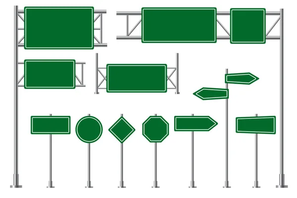 Vägskylt. Gröna trafikskyltar, vägskyltar. Tomma skylt och pil informationsskylt vektor 3d isolerad uppsättning — Stock vektor