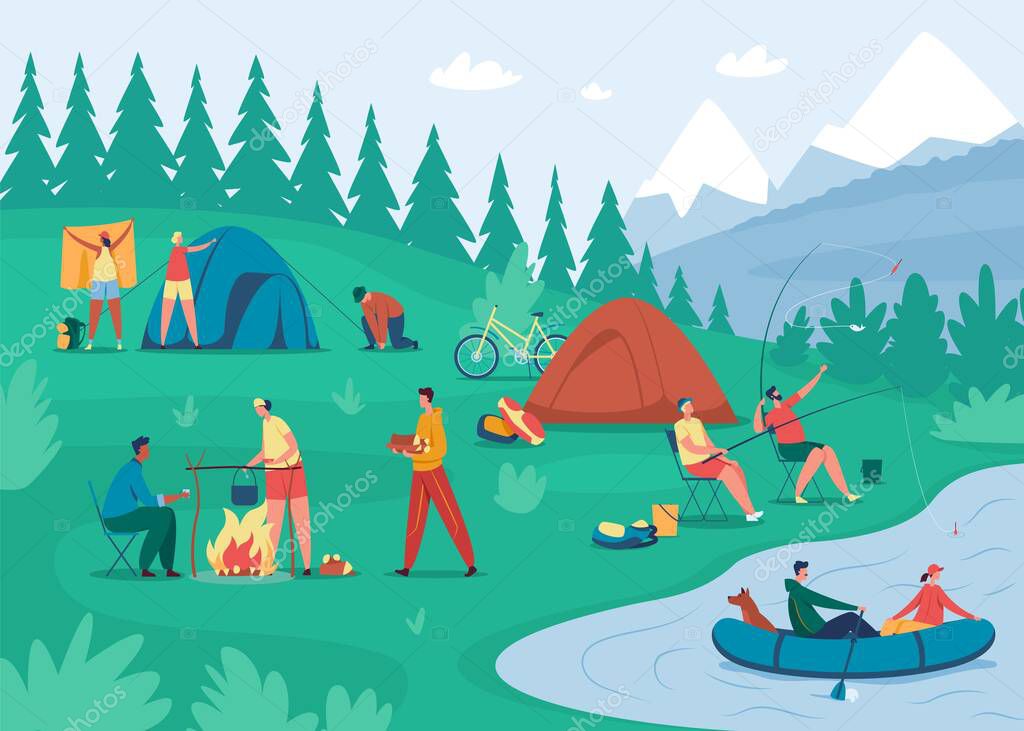 People camp. Friends relaxing near bonfire, cooking food, setting up tent. Tourists camping in forest, summer outdoor activity vector illustration