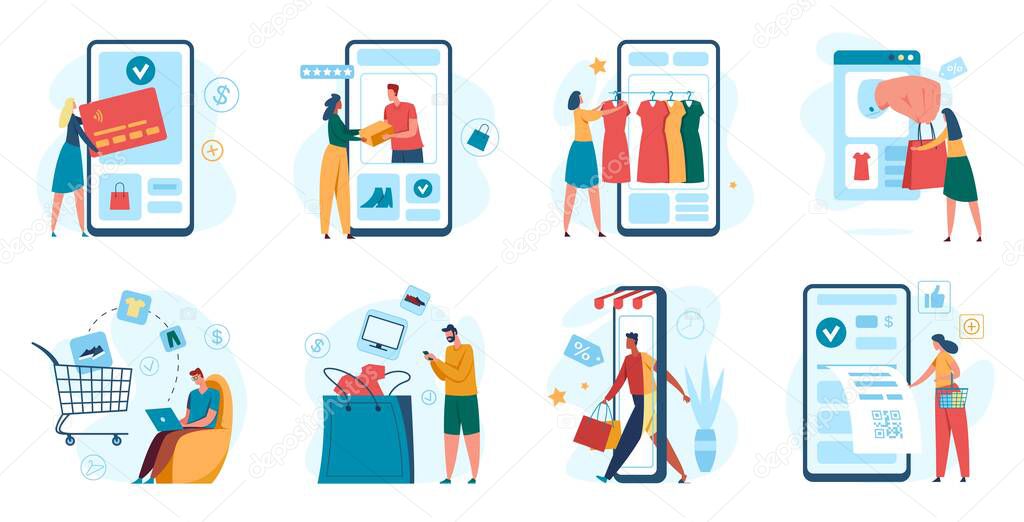 Online shopping. Customer purchasing with smartphone, online store checkout. Mobile app payment, e-commerce, digital marketing concept vector set