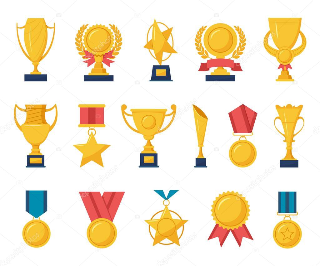 Golden reward. Gold trophy cups, champion medals, laurel wreath awards, sport game winner rewards with red ribbon. Cartoon award vector set