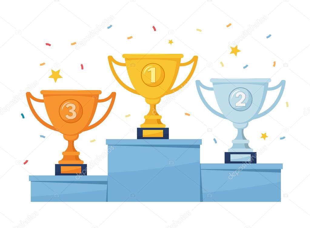 Gold, silver, bronze trophy cup. Prize podium with winner or champion awards. Sport competition trophy cups on pedestal vector illustration