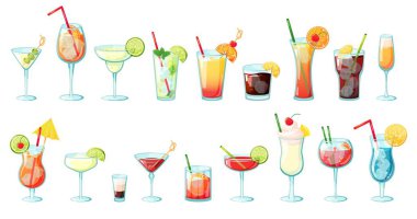 Alkol içecekleri. Buzlu tropikal kokteyller, narenciye, nane. Alkollü bardaklar margarita, martini, mojito vektörü seti.