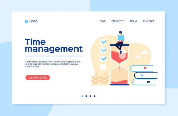 Time management landing page. Man sitting on hourglass with books, effective work organization, planning, productivity concept vector web template — Stock Vector