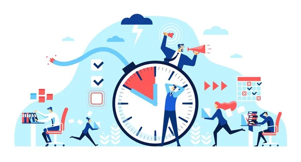 Office deadline. Stressed employees working overtime. Tired workers and angry boss. Deadline time bomb, missing deadlines vector concept — Stock Vector