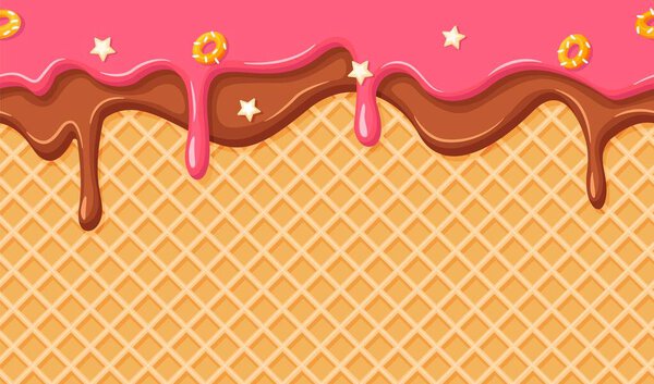 Ice cream cone seamless pattern. Waffle texture with melting strawberry and chocolate glaze. Dripping syrup with sprinkles vector background