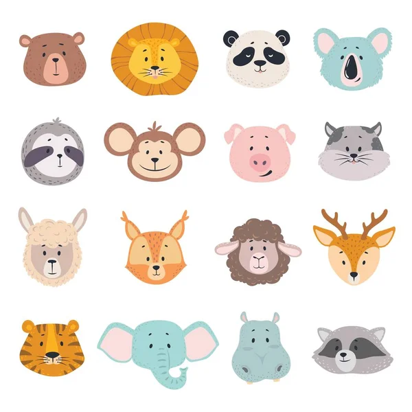 Caras de animales. Bonita cabeza de oso, león y panda, mono y cerdo, tigre. Elefante, gato y ciervo, personajes de dibujos animados vector behemoth — Vector de stock