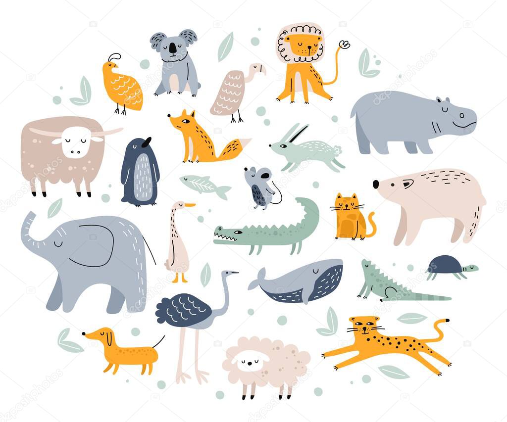 Scandinavian animals. Cute childish fox, elephant, bear, crocodile, rabbit, cat. Hand drawn forest and jungle animal doodles for kids vector set