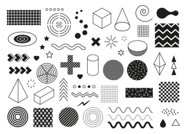 Soyut geometrik şekiller. Modern minimal grafik elementler. Dalga, üçgen, çizgi yarım daire, küp şeklinde. Memphis tasarım element vektörü seti