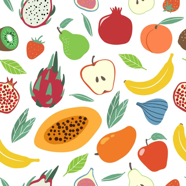 Obstmuster. Saftige Birne, Apfel und Banane, Kiwi und Erdbeere, Pfirsich und Granatapfel Naturprodukt nahtlose Vektortextur — Stockvektor