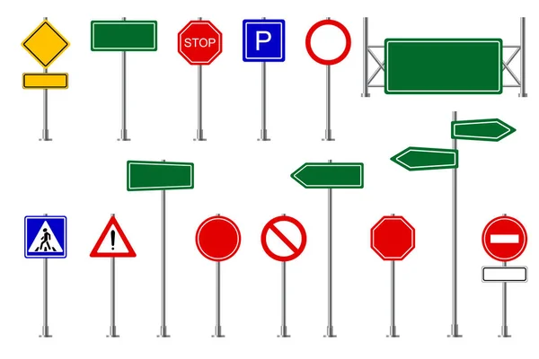 Panneaux routiers. Signalisation de rue et de route, prudence et sécurité, limitation de vitesse voiture symboles de l'autoroute vectoriel isolé ensemble — Image vectorielle