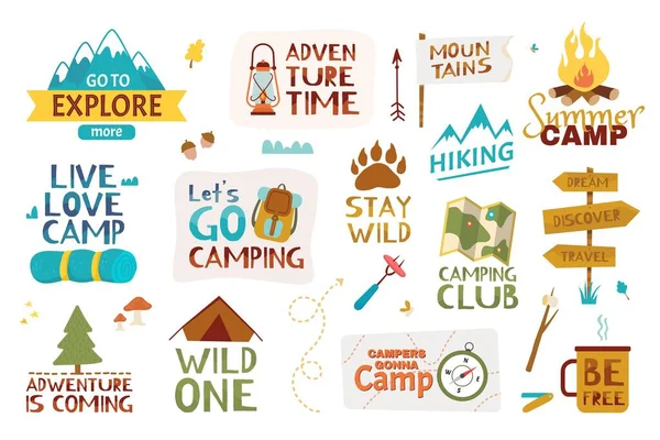 Camping belettering. Zomerkamp, reizen, bergwandelen. Avontuurlijke citaten en zinnen met de hand getekende doodle elementen vector set — Stockvector