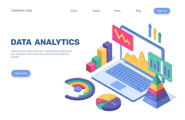 Data analytics landing page. 3d isometric business statistical analysis concept with pie chart, graph, diagram, laptop. Webpage vector template — Stock Vector