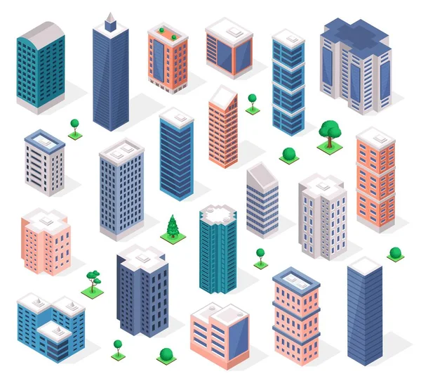 Isometric buildings. Urban skyscraper tower, modern apartment or business office building. 3d city architecture with trees vector set — Stock Vector