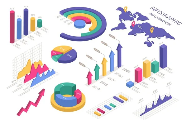 Isometrische Diagramme. Kreisdiagramm, Weltkarte, Kuchen- und Donut-Diagramm, Grafik. 3D-Datenanalyse infografische Elemente für Präsentationsvektorset — Stockvektor