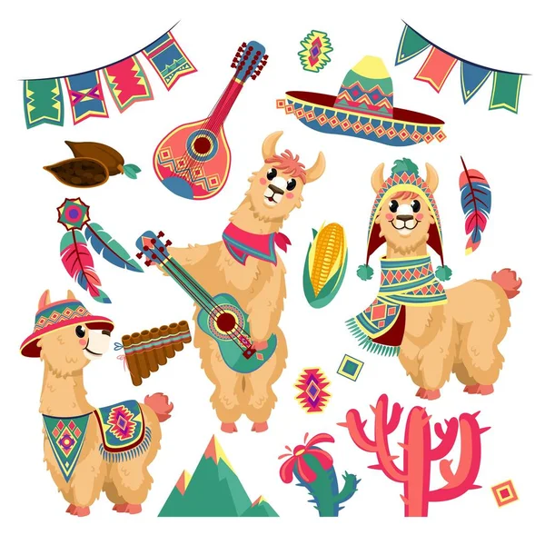 Lindas llamas. Divertido animal alpaca en ropa mexicana con guitarra, montañas, cactus y guirnalda de bandera festiva, conjunto de vectores de patrón tradicional de chile — Vector de stock