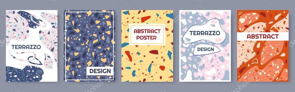 Terrazzo poster. Abstract modern card template with colorful stone or granite texture. Elegant banner, magazine cover with organic shapes vector set