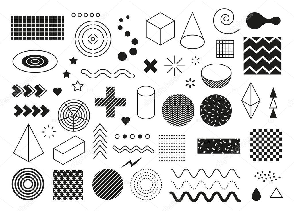Abstract geometric shapes. Modern minimal graphic elements. Wave, triangle, line half circle, cube shape. Memphis design element vector set