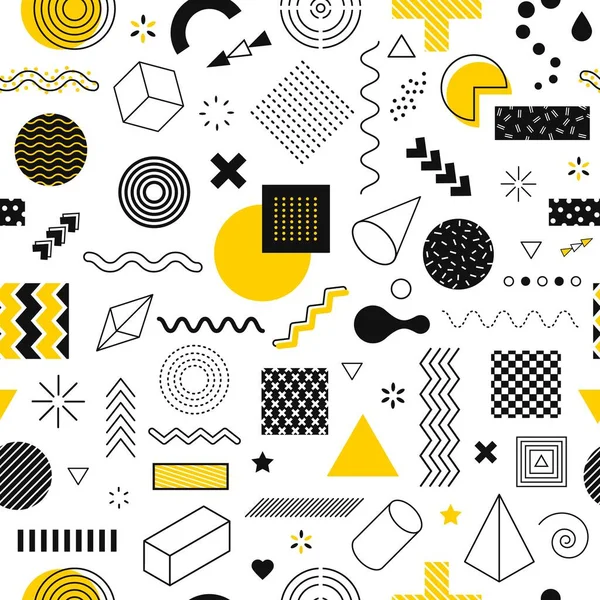 Memphis seamless pattern. Abstract geometric graphic shapes line, circle. Funky retro 90s style geometric design elements vector texture — Stock Vector