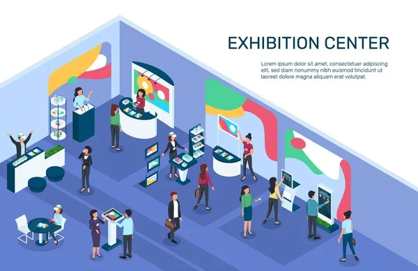 Isometric expo. Exhibition center with people, exhibit displays, stands, booths. Digital marketing, products promotion event 3d vector illustration — Stock Vector