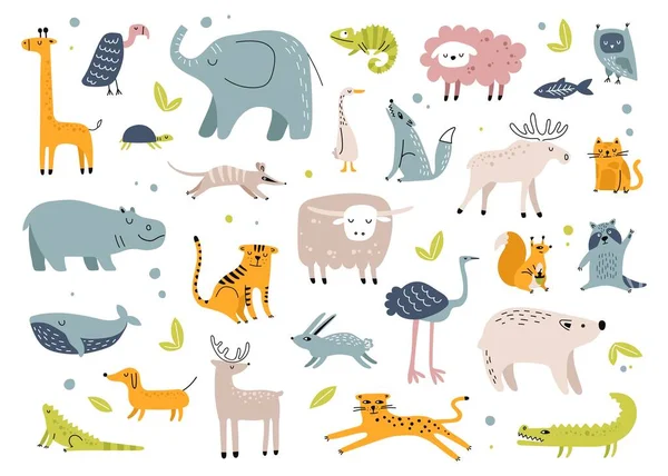 Animales escandinavos. Lindo conejo, elefante, tortuga, tigre, búho, cocodrilo. garabato animal dibujado a mano infantil para el jardín de infantes, conjunto de vectores de vivero — Vector de stock