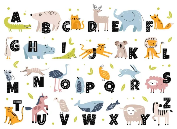Alfabeto animal en estilo escandinavo. Lindo elefante, zorro, oso, unicornio. Dibujado a mano animales de dibujos animados con letras para niños conjunto de vectores de educación — Vector de stock