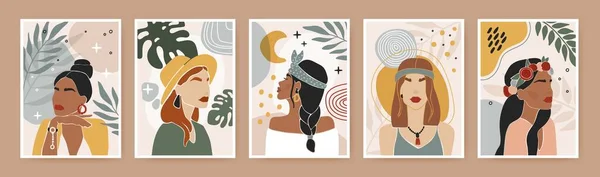 Affiche féminine abstraite. Portrait de femme contemporaine en silhouette avec feuilles, fleurs, formes organiques géométriques. Ensemble vectoriel d'impression minimal moderne — Image vectorielle