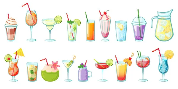 Летние напитки. Безалкогольные тропические коктейли, лимонад, смузи, свежие соки, вода со льдом. Холодные напитки для векторного набора летних вечеринок — стоковый вектор