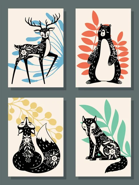 Carteles de animales. Estilo escandinavo moderno bosque de zorros, osos y lobos, ciervos. Escandi, finlandés folklórico floral nórdico patrones vector conjunto — Vector de stock