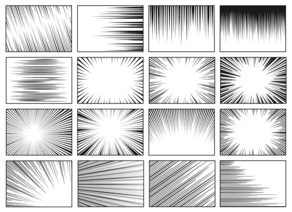 Sebességvonalak háttere. Gyors sebesség mozgás vízszintes vonal manga hatás, retro radiális napsugarak háttér. Képregény vektor elrendezése — Stock Vector