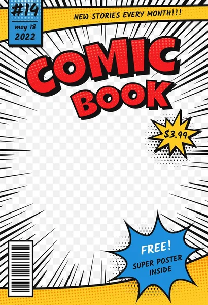 Comic book cover. Retro comics title page template in pop art style. Cartoon superhero magazine with speed rays and halftone effect vector layout — Stock Vector