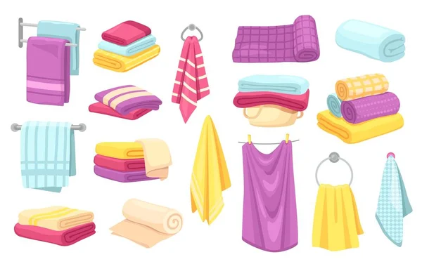 Badhanddoeken. Cartoon gevouwen handdoek, opknoping doek, gerolde stof. Keuken of badkamer textiel, katoen kleding materialen geïsoleerde vector set — Stockvector
