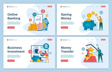 Çevrimiçi bankacılık inişi. Cep telefonu para transferi, iş yatırımları, tasarruf, güvenli ödeme konsepti. Dijital banka vektör şablonu ayarlandı