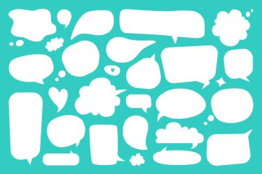 Boş konuşma balonu. Beyaz boş çizgi roman diyaloğu ve düşünce balonları, sevimli el çizimi karikatür çizgi film sohbet balonları çıkartma vektörü seti