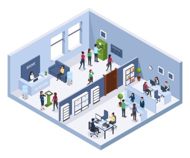 Isome banka ofisi. Resepsiyon, bekleme odası, ATM. Müşterileri olan finans danışmanları. Müşteriler ve çalışanlarla banka içi 3d vektör kavramı