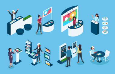 Isome sergisi. Fuardaki insanlar stanttalar, Booth. Satıcılar ürünleri sergiler. Perakende satış alanı etkinliği, vitrin, reklam pankartları 3D vektör seti