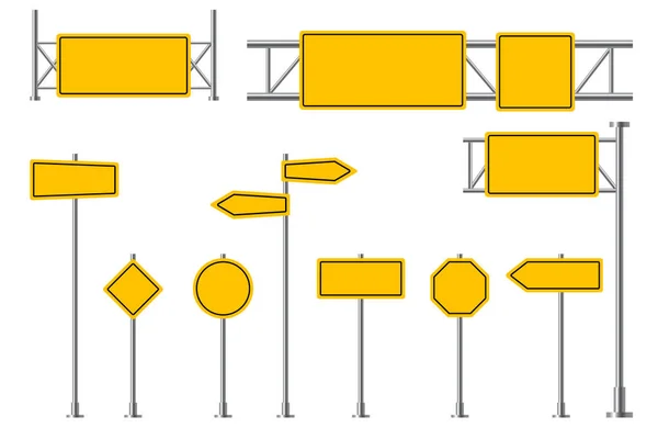 Gele verkeersborden. Blanco wegwijzer, verkeersoplettendheid, veiligheidsgordels. Lege ronde rechthoekige gele wegwijzers vector geïsoleerde set — Stockvector