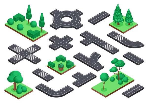 Isometrische Straßen- und Naturelemente. Asphaltstraße, Ringstraße, Kreuzung. Baumpflanzen, Sträucher für Stadtplan-Landschaftsplanungs-Vektorset — Stockvektor