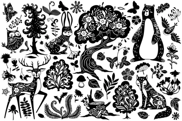 Elementos florestais escandinavos. Cervos estilo escândalo nórdico, lebre e urso, coruja e raposa, pássaro e carvalho, cogumelo e folhas, conjunto de vetor de samambaia —  Vetores de Stock