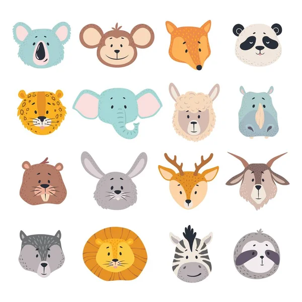 Cabezas de animales. Caras de dibujos animados de koala, mono y zorro, cebra. Lindo panda, ciervos y leones, ciervos y conejos, jaguar vector zoológico avatares — Vector de stock