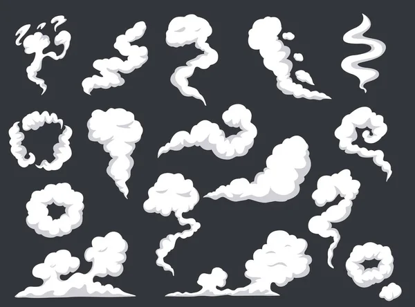 Fumée de dessin animé. Nuage de vapeur comique, brouillard, smog. Explosion de gaz, explosion de poussière. Brume et nuages éclatent, vapeurs ou fumées explosent ensemble vecteur effet — Image vectorielle