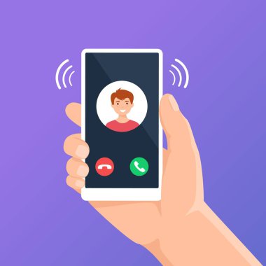 Telefon ekranında gelen arama var. Görüntüde arama uygulaması arayüzü olan akıllı telefonu tutuyorum. Arkadaş vektör kavramından gelen çağrı kabul ediliyor