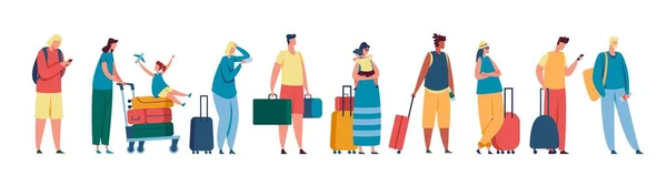 Coda turistica. Uomini e donne in fila all'aeroporto check-in terminal, registratore. Viaggiatori con valigie, borse Illustrazione vettoriale — Vettoriale Stock