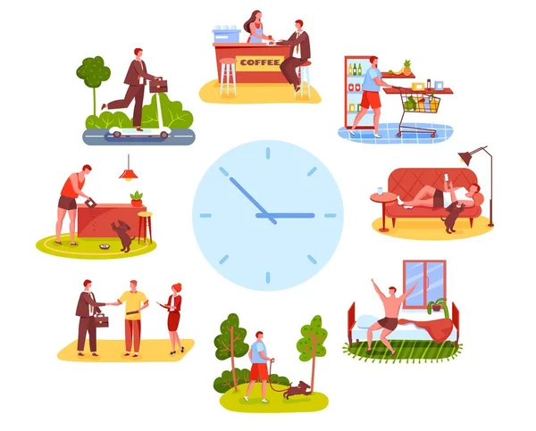 Man routine. Shopping groceries, working at office, going on walk with dog. Active young guy everyday life schedule vector illustration — Stock Vector