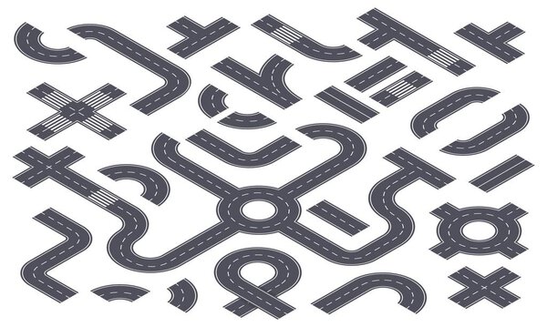 Изометрические 3d дороги. Асфальтовое шоссе с разметкой, кольцевая дорога, перекресток, кривая дорожка. Элементы городской улицы для инфографики или набора векторов карт