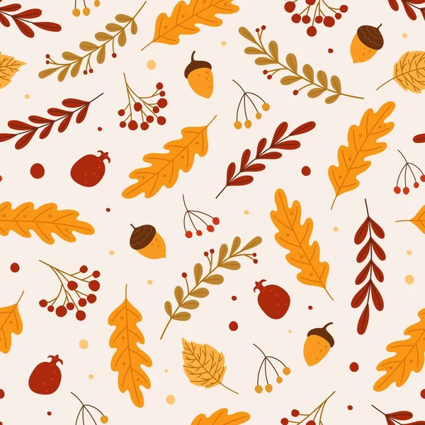 Őszi zökkenőmentes minta. Vörös vagy sárga száraz lehullott levelek, makkok, bogyók. Kézzel rajzolt lombozat és őszi erdei természet elemek vektor háttér — Stock Vector