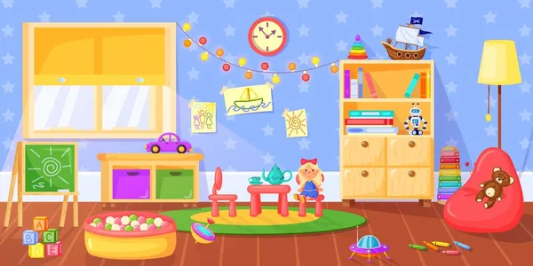 Quarto do jardim de infância. Pré-escolar crianças sala de jogos interior com brinquedos, estantes, quadro-negro e mobiliário. Desenhos animados ilustração vetorial sala de aula —  Vetores de Stock