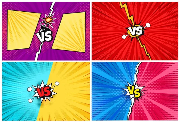 Versus. Cartoon comic vs challenge backgrounds with lightning, halftone texture. Comics pop art style fight or competition background vector set — Stock Vector