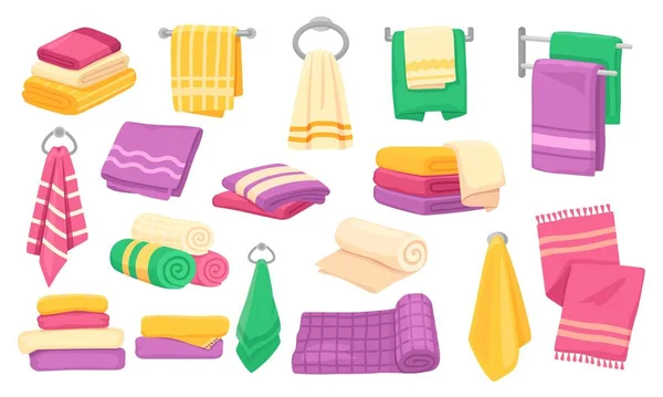 Towel. Cartoon bath rolled towel pile, folded stacked towels, hanging kitchen microfiber clothes. Bathroom cotton fabric towel vector set — Stockvector