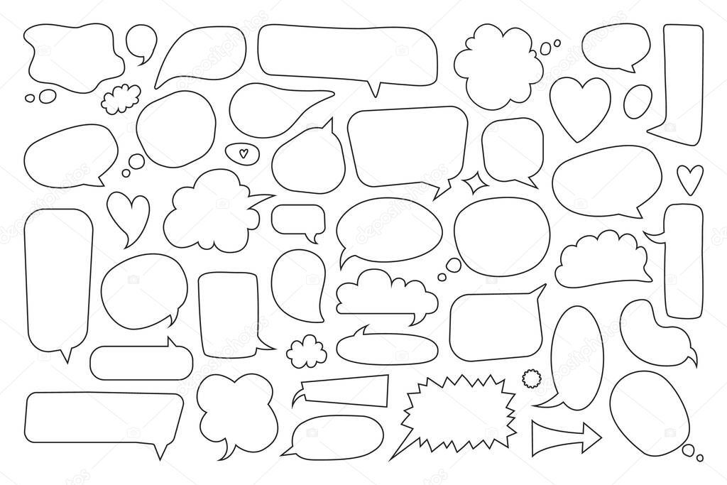 Speech bubble. Empty comic thinking and talking balloons. Hand drawn doodle text bubbles. Cute blank cartoon dialogue balloon vector set